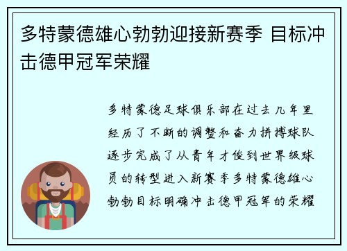 多特蒙德雄心勃勃迎接新赛季 目标冲击德甲冠军荣耀