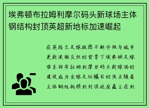 埃弗顿布拉姆利摩尔码头新球场主体钢结构封顶英超新地标加速崛起 埃弗顿布拉姆利摩尔码头新球场主体钢结构封顶英超新地标加速崛起